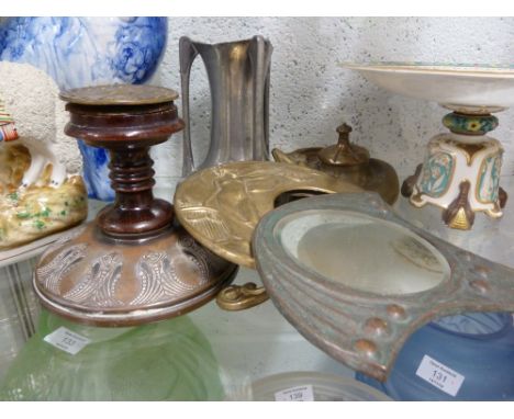 A Wiener Werkstatte style hand mirror, of bronzed copper; an Art Nouveau style photograph frame; an ink stand; a pewter vase,