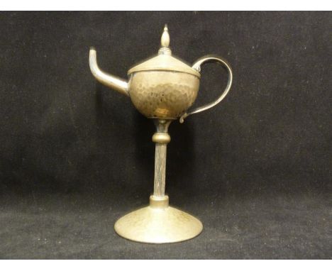 A WMF silvered brass table cigar lighter, of oil lamp form on tall stem, 18cm high