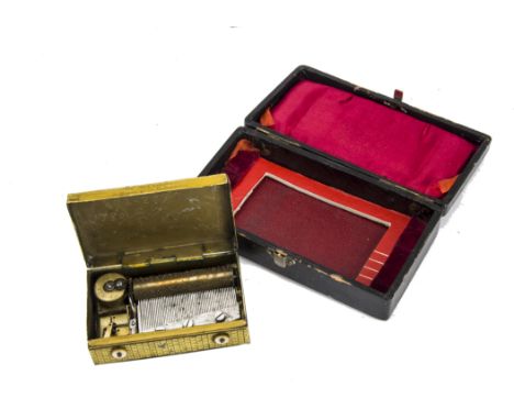 Musical snuffbox, tinplate: playing two airs, in yellow case printed with  'Vue du Castello di mezzo pres Belliinzona' -- 3 3