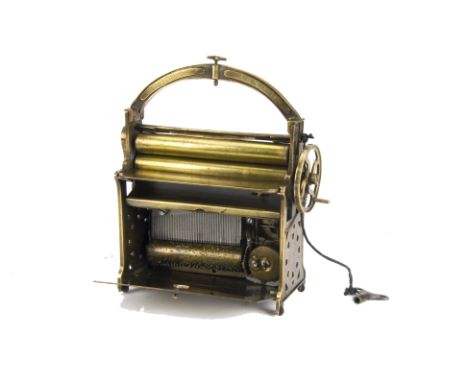 Musical mangle, a brass model of a clothes-wringer with snuff-box movement in lower half, working rollers and top frame stamp
