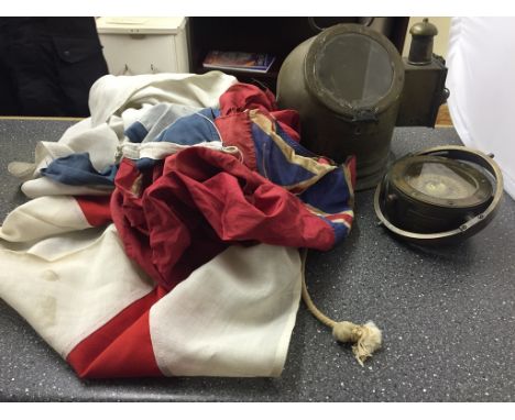 A box of naval interest: a WWI era ship's compass & binnacle etc