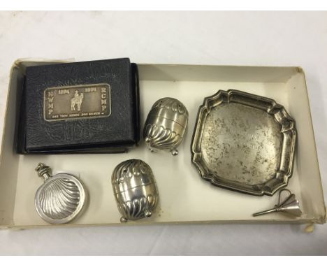 A HM silver Victorian pepperette tray; together with a perfume bottle etc