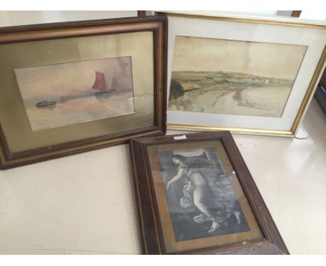 Three pictures to include marine & landscape watercolours & Pre-Raphaelite style figural print (3)