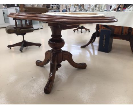 A late 19th century mahogany breakfast tilt top table of oval antline and on a tripod base