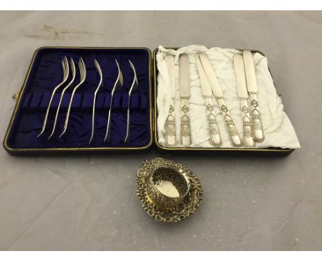 A HM silver napkin ring; together with pin tray and cased EPNS cutlery