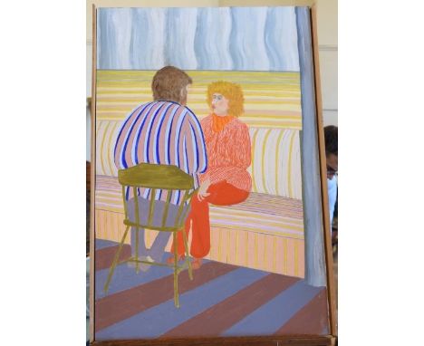 Stan Cooper, an oil on board of a lady seated on a bench in conversation with a gentleman seated on a spindle backed chair.  