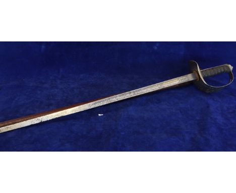 A George V officer’s sword with brown leather scabbard, pierced GRV hilt and wirework grip (af).  Est £120-150