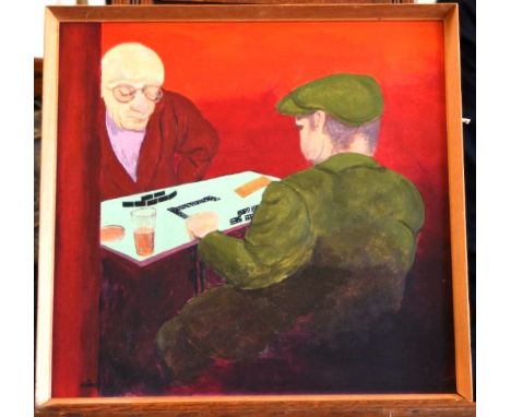 Stan Cooper, an oil on board of two figures playing dominoes.  Signed to the reverse and dated 1982. 18½ by 17.  In a light w