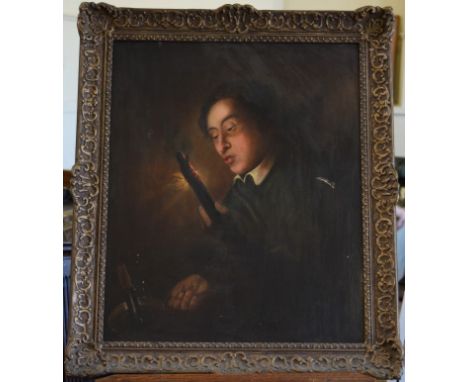 An oil on canvas portrait of a young boy blowing on a flaming branch in an attempt to light a chamber stick.  20½ by 25ins.  