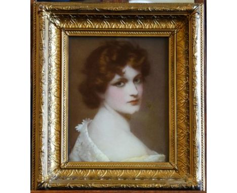 A reverse glass painting, portrait of a young lady with her right shoulder exposed.  7 by 9ins. In a gilt frame.  Est £25-40