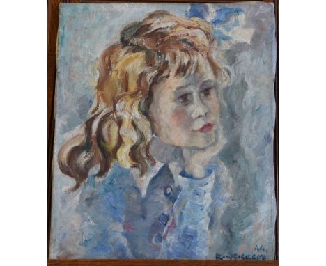 Richard Weisbrod.  An oil on canvas portrait of the artist’s daughter.  Signed lower right and dated 1944.  13 by 16ins.  Unf