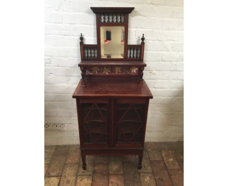 An Edwardian mahogany and marquetry inlaid side cabinet of small proportions with stepped pediment of a turned spindle rail a