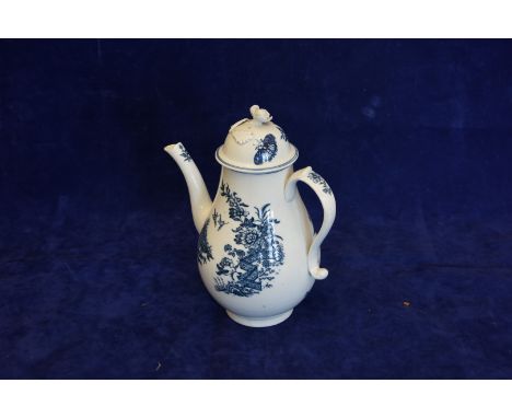 A Caughley coffee pot and cover with floral finial and butterfly decoration to the lid, the body decorated with a zig-zag fen
