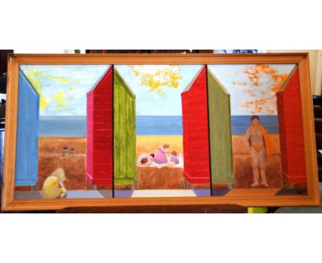 Stan Cooper, an oil on board ‘As It Was II’ depicting three beach hut scenes.  Initialled lower right SC.  32¾ by 15½ins.  In