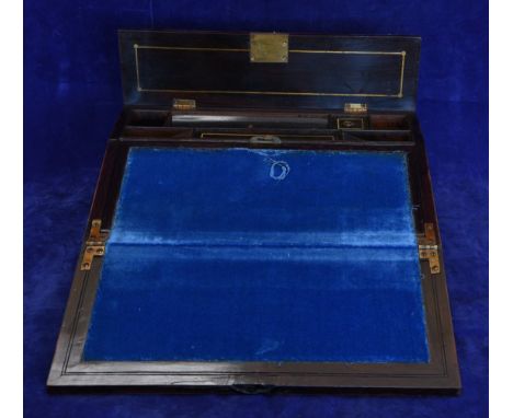 A Victorian rosewood and brass inlaid writing box with Greek key inlaid fall front panel and blank brass cartouche opening to
