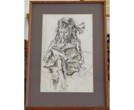 Richard Weisbrod, a pencil portrait of the artist’s daughter with a ribbon in her hair reading a book.  Signed lower right.  