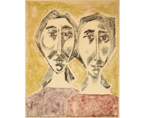 Attributed to Cecil Collins MBE (1908–1989)Portrait of two sistersEtching, 52cm by 42.5cmTime staining to the paper. Slight c