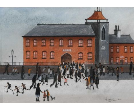 Brian Shields 'Braaq' FBA (1951-1997)Figures outside a schoolSigned, inscribed "Ann", mixed media, 19cm by 26.5cmSome very li