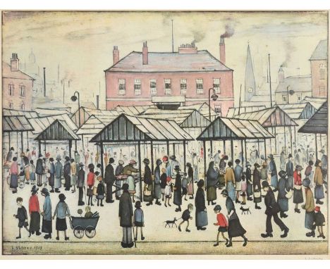 After Laurence Stephen Lowry RBA, RA (1887-1976) "Market Scene in a Northern Town" Signed, published in 1973 by Patrick Seale