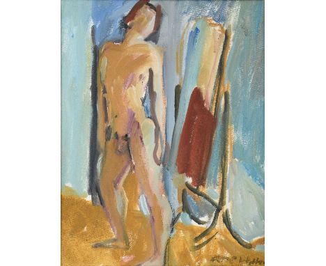 Rose Hilton (1931-2019)"Standing Man"Signed, inscribed verso, oil on canvas, 22.5cm by 18cmProvenance: Rainy Day Gallery, Pen