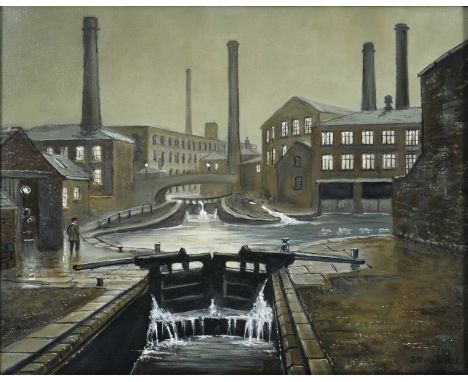 Steven Scholes (b.1952)"Leeds and Liverpool Canal, Blackburn, 1962"Signed, oil on canvas, 38.5cm by 49cmSome very light surfa