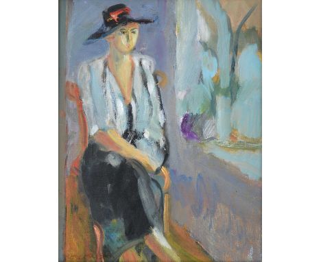 Rose Hilton (1931-2019)"Seated Girl"Signed, inscribed verso, oil on board, 23.5cm by 19cmProvenance: Westcott's Gallery, St I