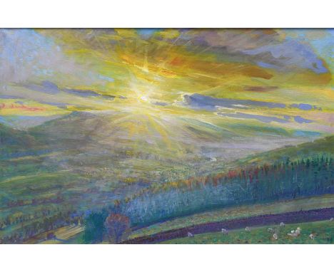Piers Browne (b.1949)"Sunset, Wensleydale: March 1st"Initialled, inscribed verso, oil on canvas, 78cm by 121cmFrame slightly 