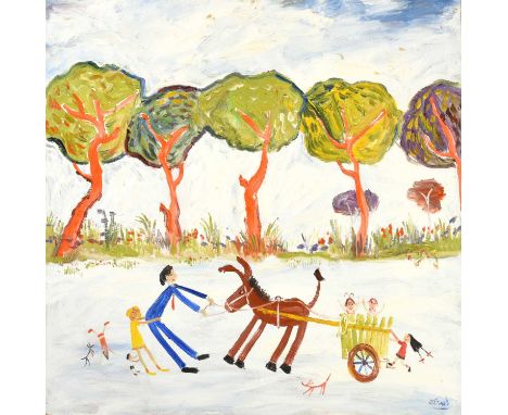 Simeon Stafford (b.1956)"The Stubborn Donkey"Signed, inscribed verso, oil on board, 80cm by 80cmSome light surface dirt. Boar