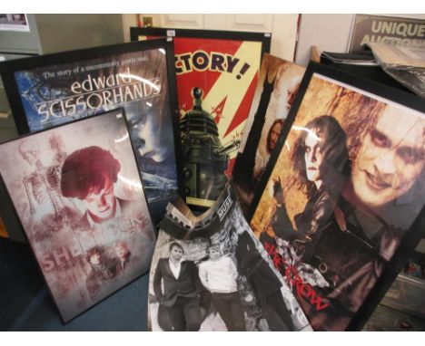A collection of film, movie and music related posters including some framed and glazed including Dalek To Victory, Edwrad Sci