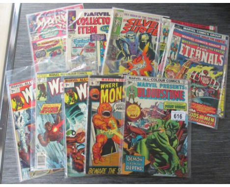 A collection of 1970s comics including Bloodstone, The Eternals, Werewolf by Night, Where Monsters Dwell, Marvel Tales 9, Mar