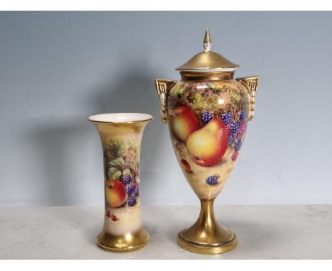 A Royal Worcester fruit painted two handled Vase and Cover, painted pear, apple and blackberries, signed 'Freeman', 9 1/2in H