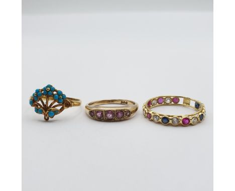 Three Gem-set Rings including an antique turquoise-set forget-me-not Ring (one stone absent), ring size K 1/2, a five stone G