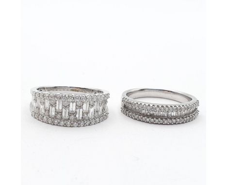 Two Half-hoop Diamond Rings, set baguette and brilliant-cut diamonds, in 18ct white gold, both ring size N 1/1, total weight 
