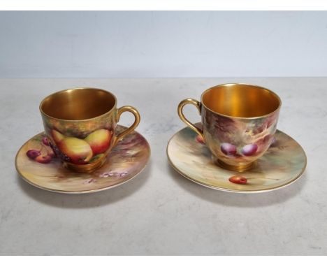 *****AMENDMENT***** Ayrton Not Austin.Two Royal Worcester fruit painted Coffee Cups and Saucers, peaches, apples, cherries an