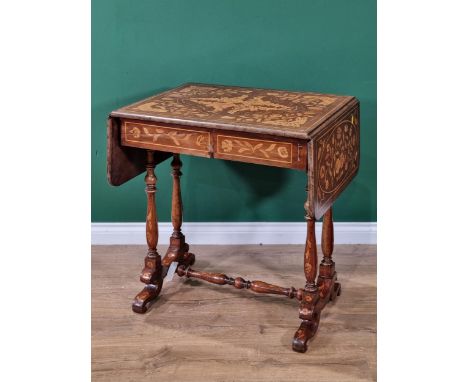 A 19th Century marquetry Sofa Table, with floral and leafage scrolled designs and fitted single drawer and dummy drawer to ea