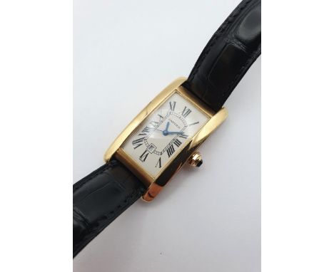 A Cartier Tank Americaine 18ct gold-cased gentleman's automatic Wristwatch the rectangular oyster coloured guilloché dial wit