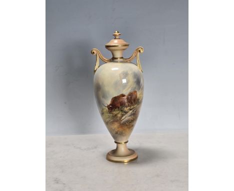 A Royal Worcester two handled Vase and Cover, painted highland cattle in a landscape by John Stinton, 91/2in H No majorly obv