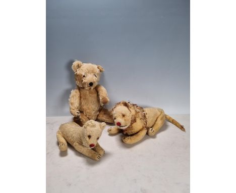 A Steiff Papa Lion 1ft L, a Steiff Lioness 8.5" L, and a vintage bear 15" H, from the same home