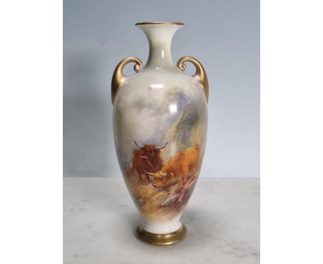 A Royal Worcester baluster two handled Vase painted highland cattle in a mountainous landscape, signed H. Stinton, small chip