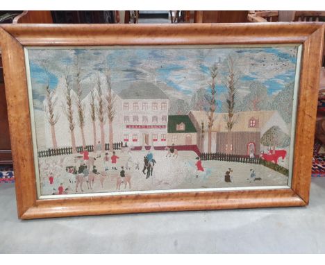 A Victorian satin stitch Tapestry depicting a Hunt Meat outside the Green Dragon Pub with scene of farm animals and people, w
