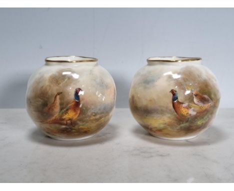 A pair of Royal Worcester lobed Bowls, painted pheasants in landscapes, signed Jas. Stinton, 2 1/2in H, No. G161