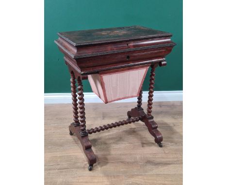 A Victorian rosewood Work Table with sarcophagus shape floral inlaid top enclosing pin cushion, candlestick, etc, pouch benea