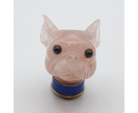 A carved rose quartz Walking Cane Handle in the form of a French Bulldog, with inset cabachon sapphire eyes and blue guilloch