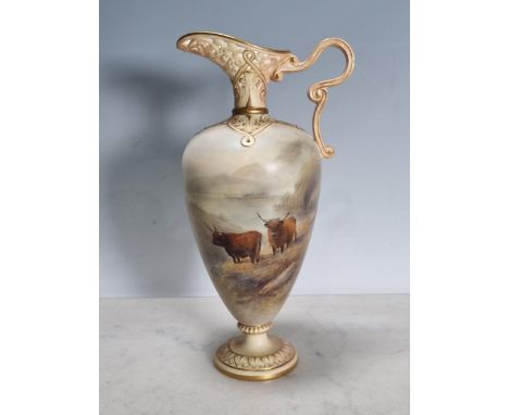 A Royal Worcester Ewer, the top having pierced decoration, scroll handle, the body painted scene of Highland Cattle with a mo