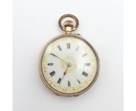 A lady's Fob Watch the cream enamel dial having Roman numerals and applied gold decoration in 9ct gold case with engraving to