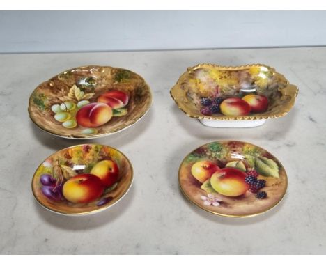 Four Royal Worcester fruit painted Trinket Dishes, one shaped oblong (rubbed and chipped), and three circular, signed Nutt, C
