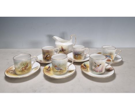Six Royal Worcester Coffee Cans and Saucers, painted studies of various birds including Ptarmigan, Pheasant, Wild Duck, Wood 