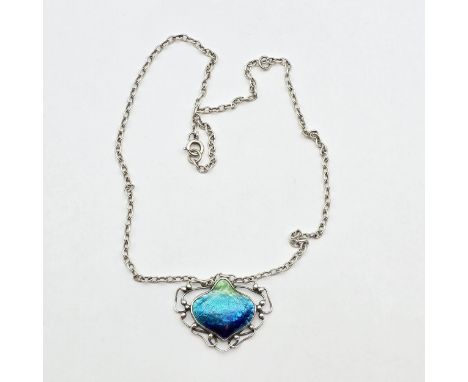 An Arts &amp; Crafts Newlyn style Enamel Pendant, rubover-set blue/green enamel panel in a frame of decorated silver wire, ba