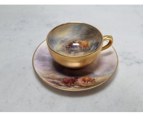 A Royal Worcester Coffee Cup and Saucer, interior of the cup painted Highland Cattle in landscape, both signed 'Stinton', cra