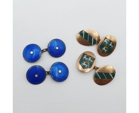 A 9ct gold pair of Cufflinks enamelled Jesus College, Oxford crest and colours, approx 7.8gms and a pair of circular Silver C